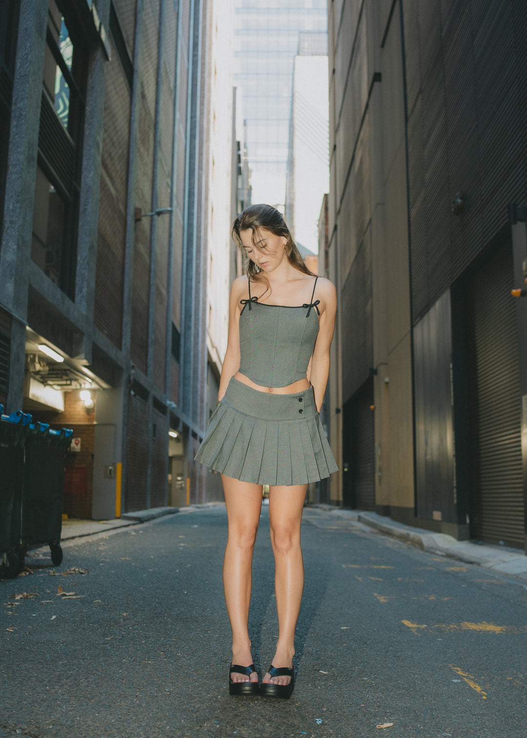 Tailored Pleated Mini Skirt in Charcoal